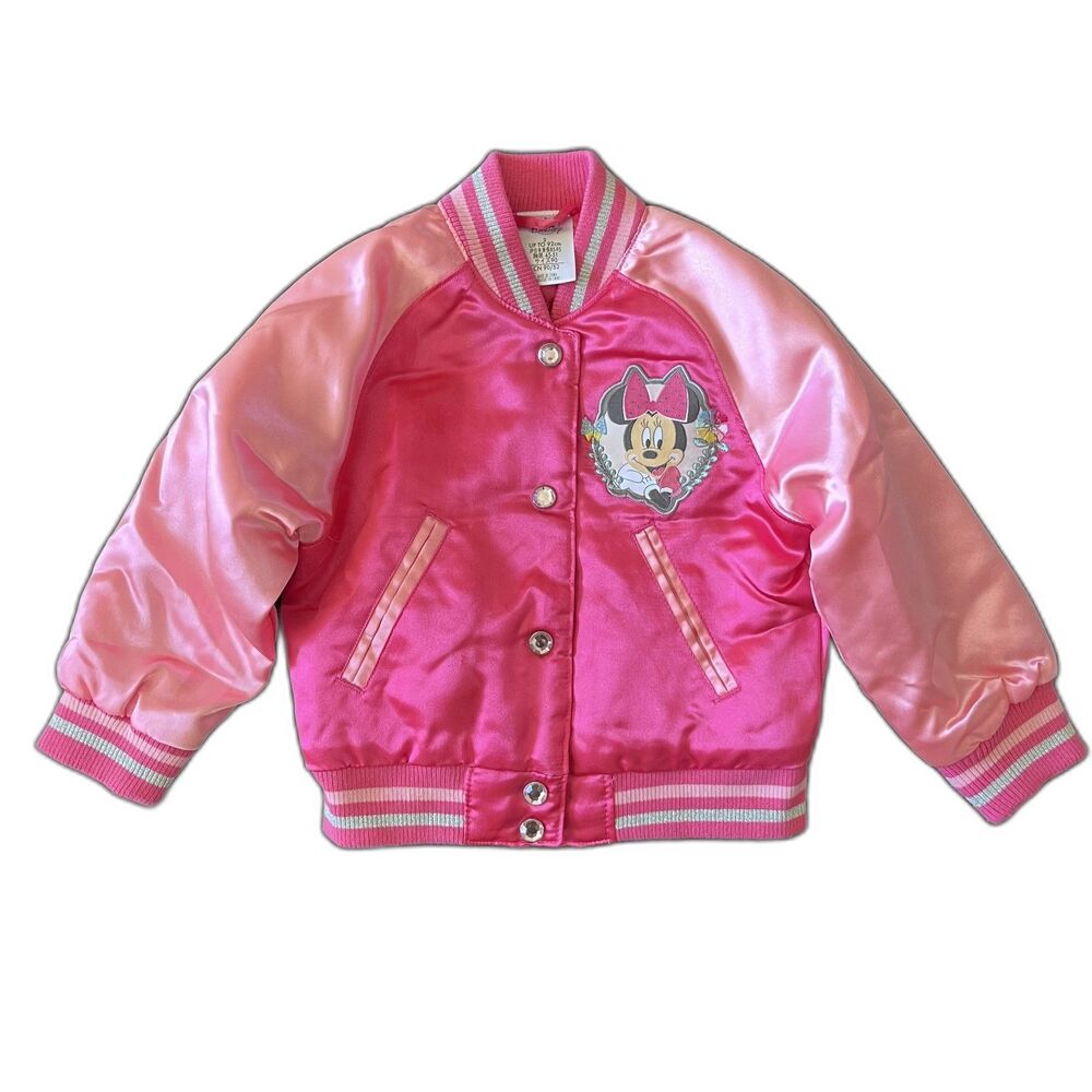 Disney Minnie Mouse Figaro Pink Satin Varsity Bomber Jacket Girls 2T